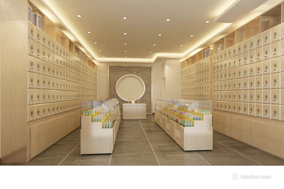 Specialty Store Interior With Wooden Shelves Display Counters And Circular Wall Decor 3d model 