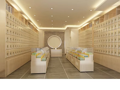 Specialty Store Interior With Wooden Shelves Display Counters And Circular Wall Decor 3d model
