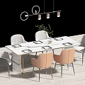 Modern Dining Table Set With Marble Top Multicolor Chairs Hanging Lights And Tableware 3d model