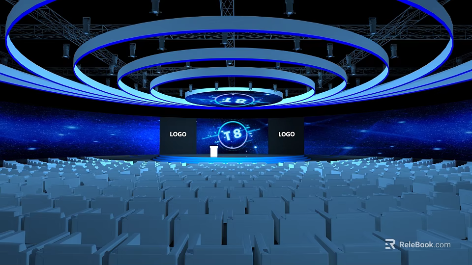 Modern Conference Hall Interior With Circular Lighting Large Screen And Rows Of Seats 3d model 