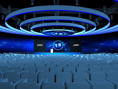 Modern Conference Hall Interior With Circular Lighting Large Screen And Rows Of Seats 3d model