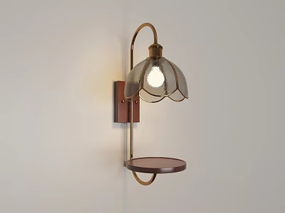 Modern Wall Lamp with Glass Shade Metal Bracket and Small Wooden Tray Mounted on Wall 3d model