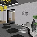 Japanese Zen SPA Sauna Dry Landscape Garden With Pine Tree Greenery Wall Relaxing Seating Area
