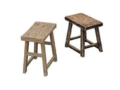 Two Wooden Stools With Square Seats Natural Wood Grain Retro Style Home Decor 3d model