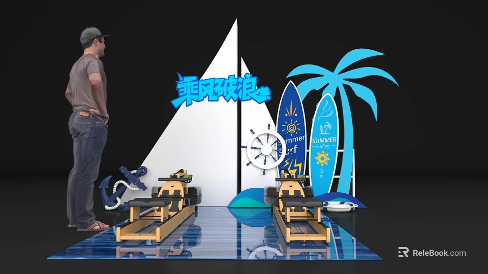 Interactive Area Featuring Sailboat Decoration Palm Tree Surfboards And Wooden Devices 3d model 