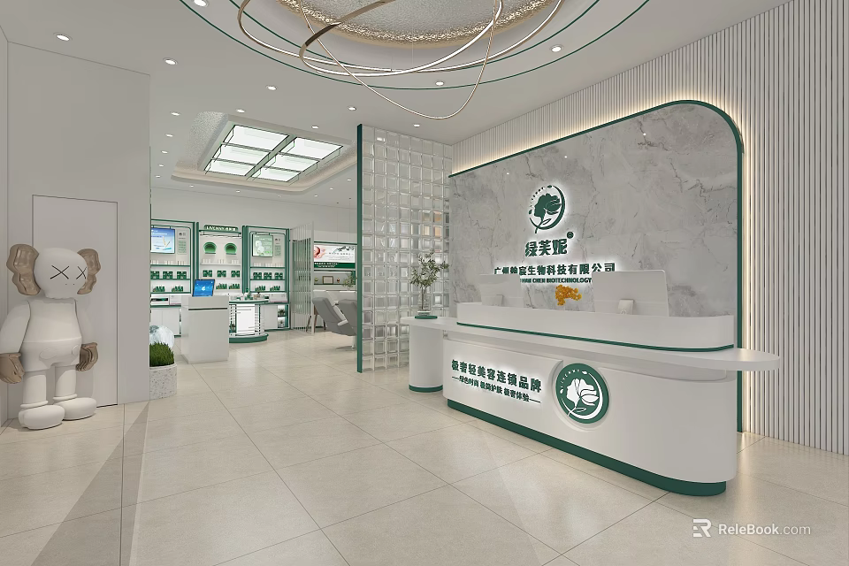 Modern Meitu Shi Specialty Store Interior Featuring Marble Reception Counter Display Shelves And Paint Products 3d model 