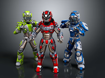 Futuristic Sci Fi Game and Movie Characters in Green Red Blue Armor with Action Poses 3d model