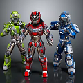 Futuristic Sci Fi Game and Movie Characters in Green Red Blue Armor with Action Poses