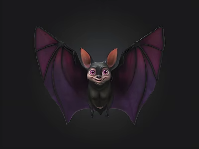 Cute Black Bat With Purple Wings Large Ears And Big Eyes Illustration 3d model