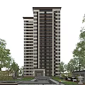 Modern Tall Residential Building Exterior Design With Windows Balconies And Trees Around