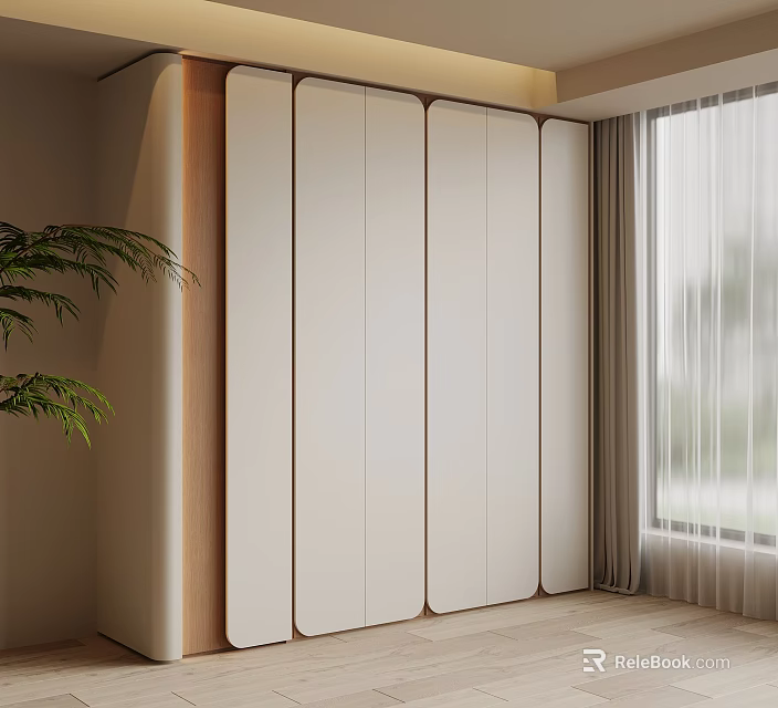 Modern Wardrobe With White Panels And Wooden Frame In Interior With Plant And Window 3d model 