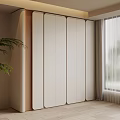 Modern Wardrobe With White Panels And Wooden Frame In Interior With Plant And Window