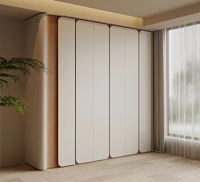 Modern Wardrobe With White Panels And Wooden Frame In Interior With Plant And Window 3d model