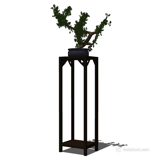 Elegant Bonsai Plant In Black Pot On Metal Stand With Green Leaves 3d model 
