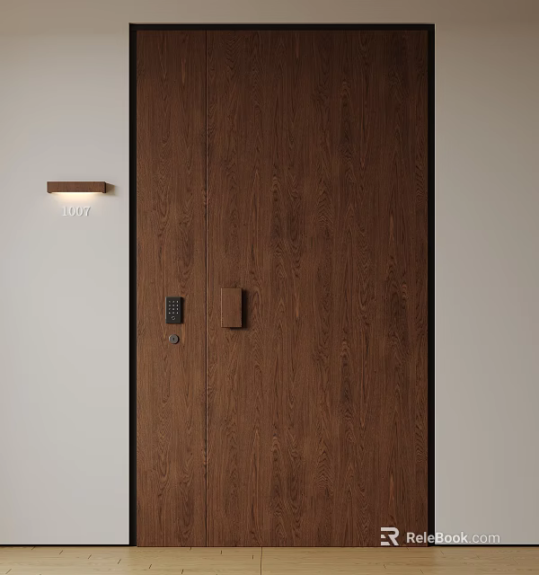 Modern Brown Wood Grain Security Door With Electronic Lock And Wall Light 3d model