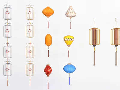 Colorful Chinese Lanterns With Various Designs And Decorative Tassels For Decoration 3d model