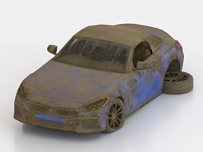 Dirty Car Covered in Mud With Detached Wheel on White Background 3d model
