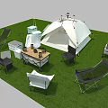 White Outdoor Camping Tent With Foldable Chairs Tables And Storage Boxes On Green Grass