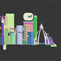 Colorful Modern Buildings In Diverse Shapes Different Heights With Green Central Urban Scene