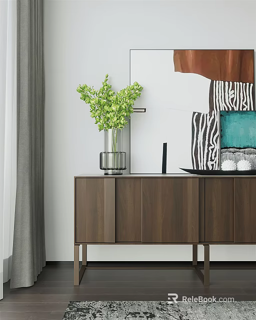 Modern Walnut Entryway Side Cabinet With Green Plant Vase And Decor Items 3d model 