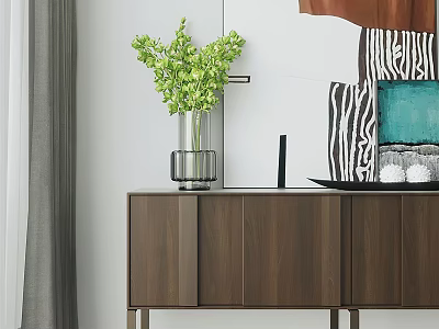 Modern Walnut Entryway Side Cabinet With Green Plant Vase And Decor Items 3d model