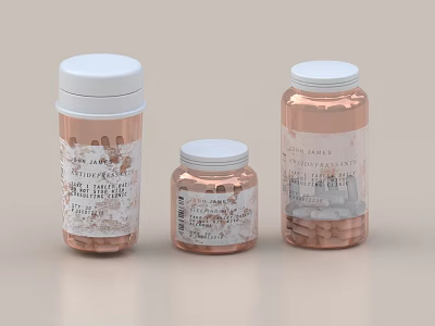 Three Transparent Plastic Bottles With White Lids Printed Labels And White Tablets Inside 3d model