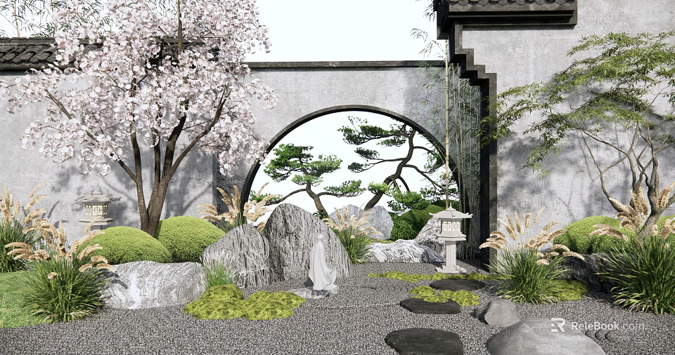 Traditional Courtyard Garden Featuring Pink Cherry Blossom Tree Arched Gate Pine Tree And Stone Lantern 3d model 