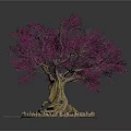 Potted Tree With Purple Leaves Thick Trunk And Exposed Roots On Circular Stone Base 3d model