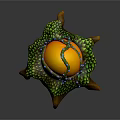 Orange Fruit Decorated With Green Vines And Blue Accents On Green Leaf Brown Stand