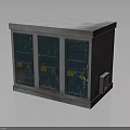 Industrial Electrical Cabinet With Three Green Doors And Yellow Warning Signs