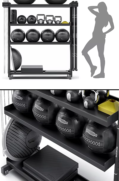 Sports Equipment With Medicine Balls Kettlebells And Storage Shelves For Home Gym 3d model