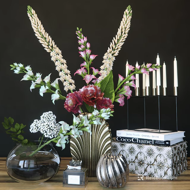 Elegant Ornamental Decor Set With Mixed Flowers Vases White Candles And Stacked Books 3d model 