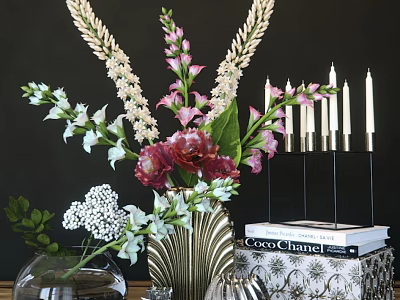 Elegant Ornamental Decor Set With Mixed Flowers Vases White Candles And Stacked Books 3d model
