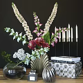 Elegant Ornamental Decor Set With Mixed Flowers Vases White Candles And Stacked Books