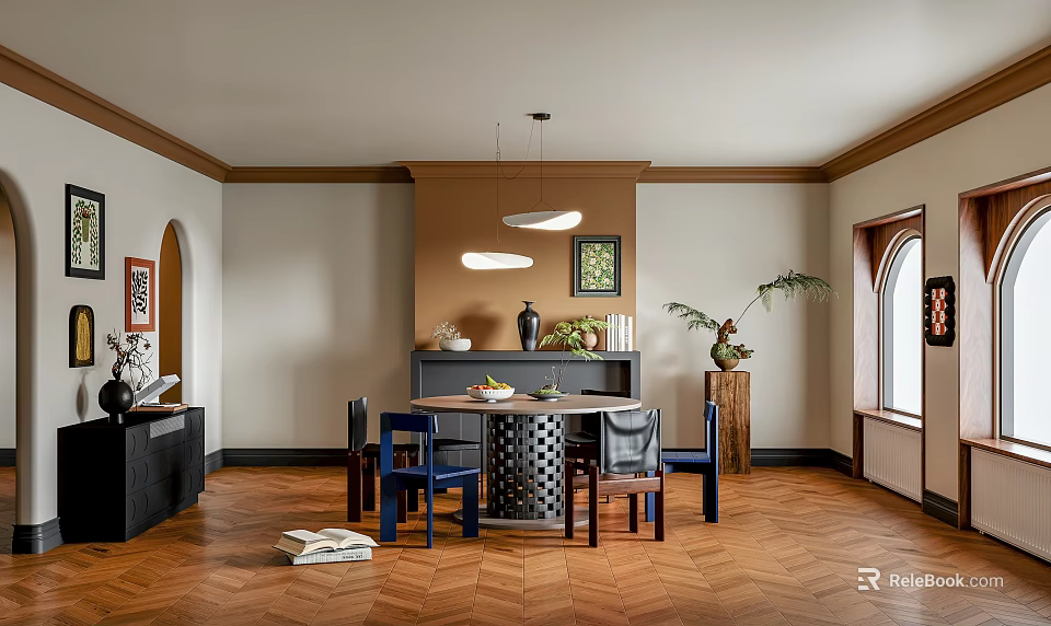 Elegant Restaurant Interior Design With Wooden Dining Table Blue Chairs Hanging Lights And Decorative Plants 3d model 