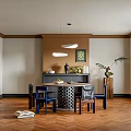 Elegant Restaurant Interior Design With Wooden Dining Table Blue Chairs Hanging Lights And Decorative Plants