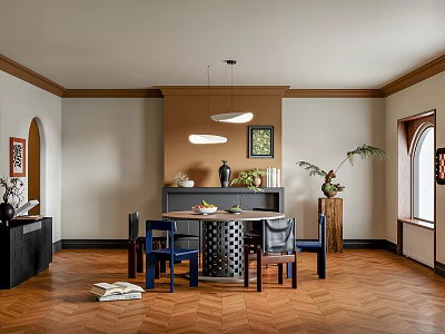 Elegant Restaurant Interior Design With Wooden Dining Table Blue Chairs Hanging Lights And Decorative Plants 3d model