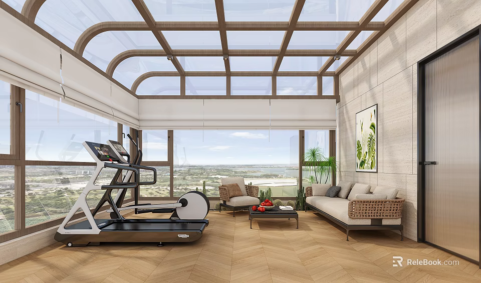 Villa Balcony With Glass Skylight Large Windows Wooden Flooring Treadmill Sofa And Scenic View 3d model 