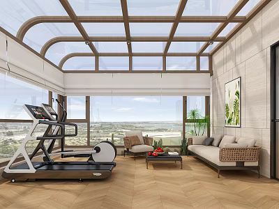 Villa Balcony With Glass Skylight Large Windows Wooden Flooring Treadmill Sofa And Scenic View 3d model