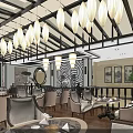 Traditional Chinese Restaurant Interior With Wooden Ceiling Hanging Lanterns Decorative Vases And Lotus Plants