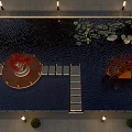 Evening Park Landscape Featuring Water Pool Circular Platform Red Trees Street Lamps And Swan Sculptures
