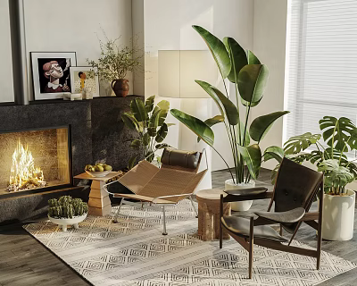 Comfortable Leisure Chairs In Cozy Living Room With Fireplace Large Green Plants And Patterned Rug 3d model