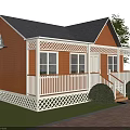 Wooden House With Orange Exterior Black Roof White Porch Lattice Railings Lawn Bushes Street Lamp
