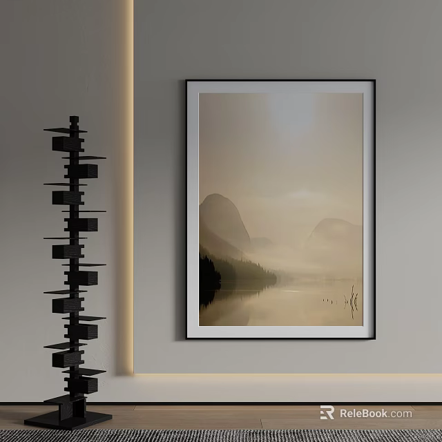 Tranquil Wall Art Landscape Painting Of Misty Mountains And Lake 3d model 