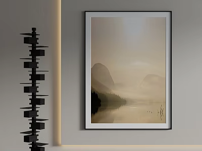 Tranquil Wall Art Landscape Painting Of Misty Mountains And Lake 3d model