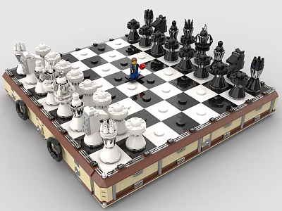 Creative Building Blocks Chess Set With Black White Pieces Minifigure And Wheeled Base 3d model
