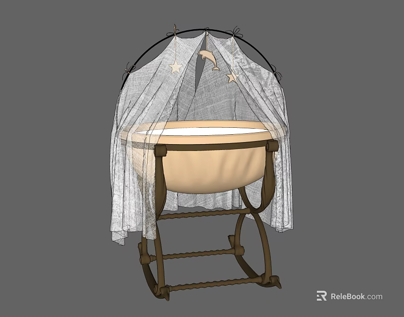 Wooden Rocking Baby Crib With White Canopy And Moon Star Decorations 3d model 
