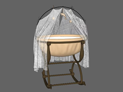 Wooden Rocking Baby Crib With White Canopy And Moon Star Decorations 3d model