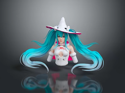 Game and Movie Character With Blue Long Hair White Hat Pink Accents and White Outfit 3d model
