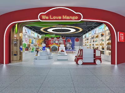 We Love Mango Shopping Mall Store With Red Decor And Toy Display Shelves 3d model